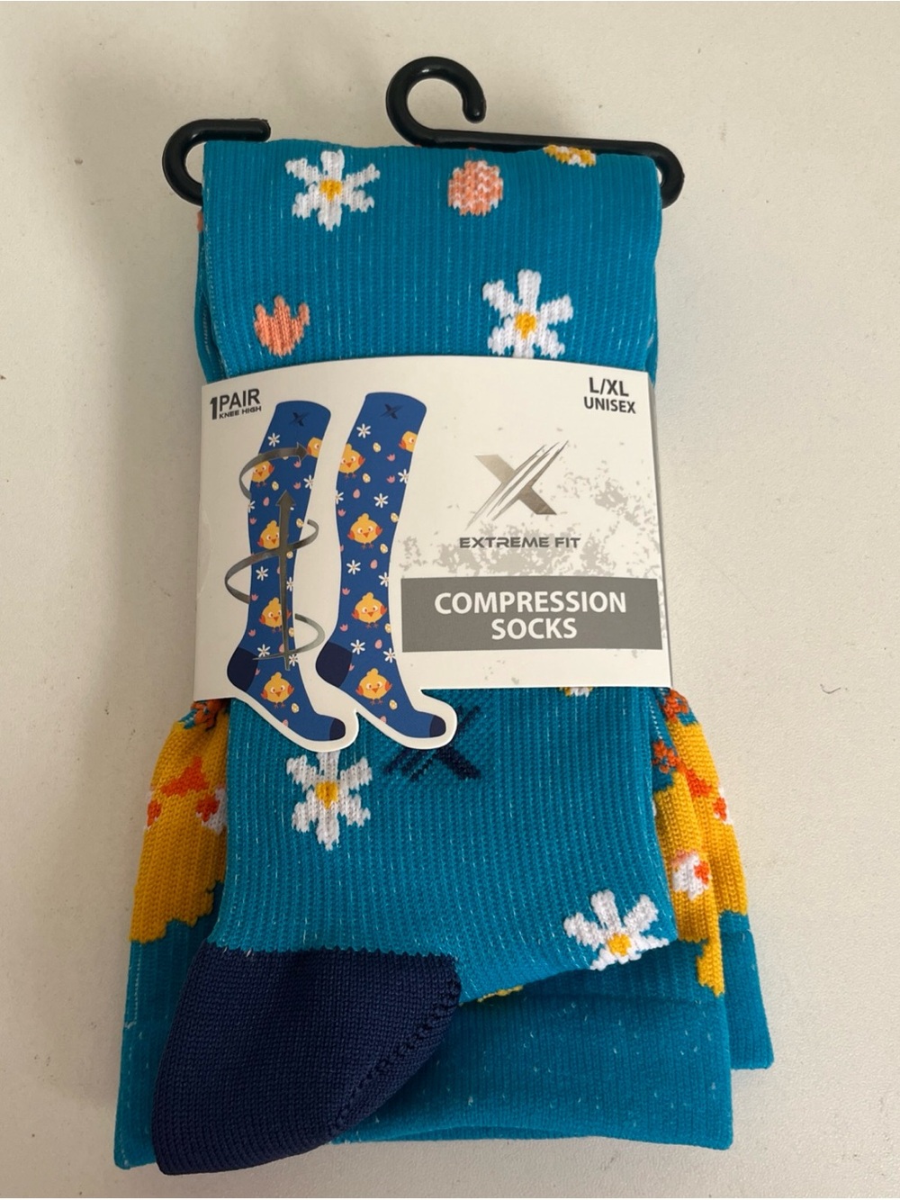 Extreme Fit Compression Socks Chicks Daisy Print Teal Blue Unisex L/XL